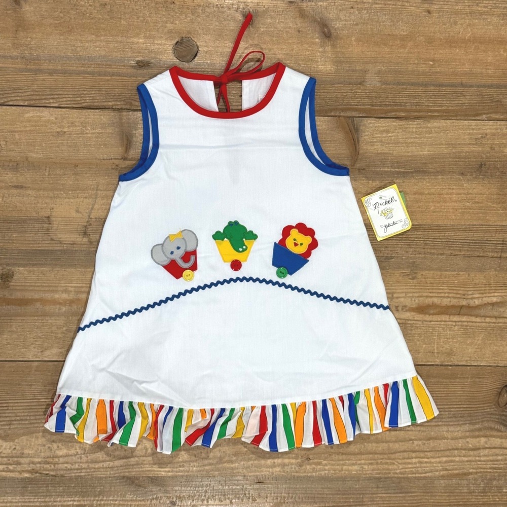 Vintage 4T White Circus Animal Applique Ruffle Dress NWT Fischel